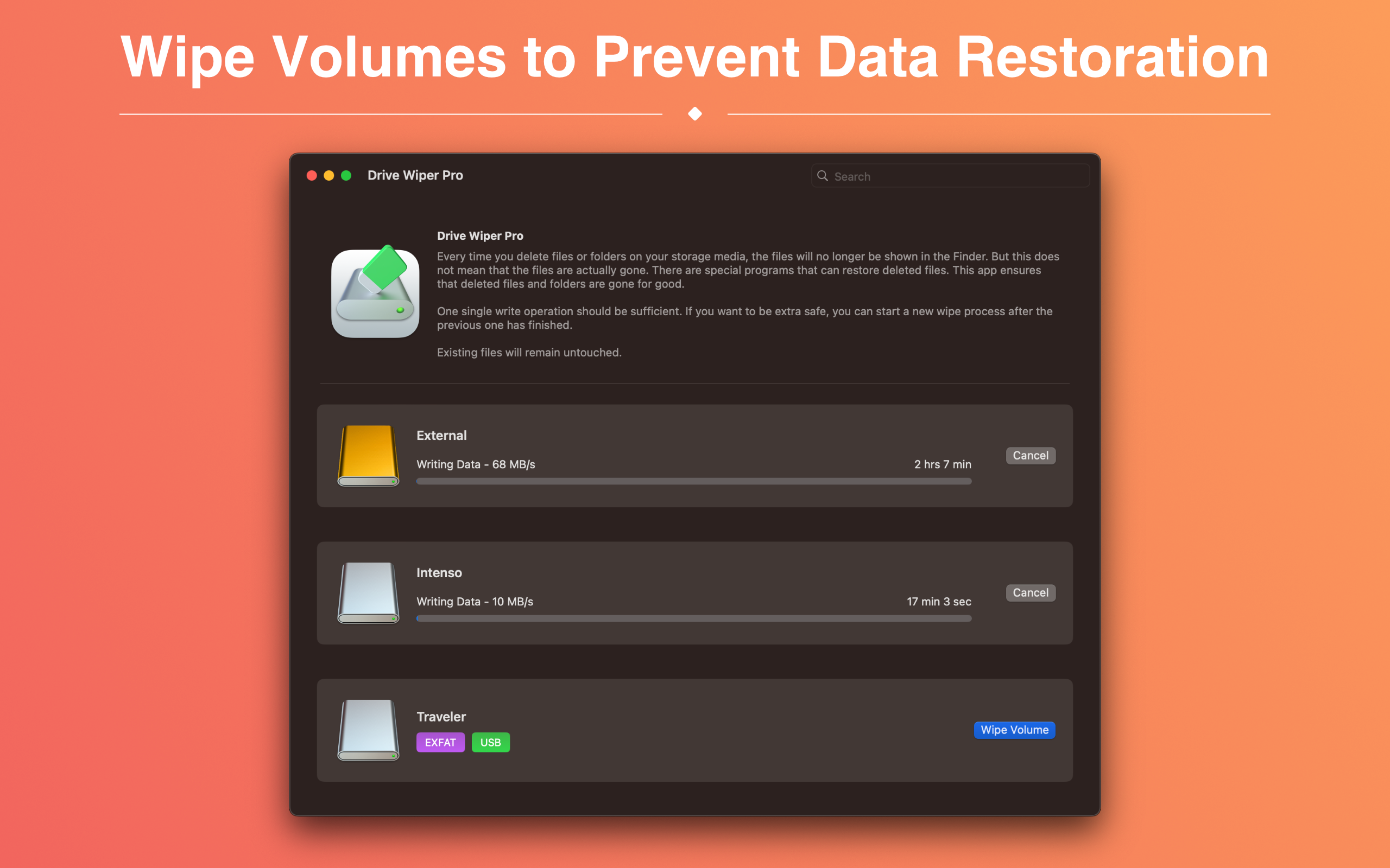 Securely erase all files on a external volume.